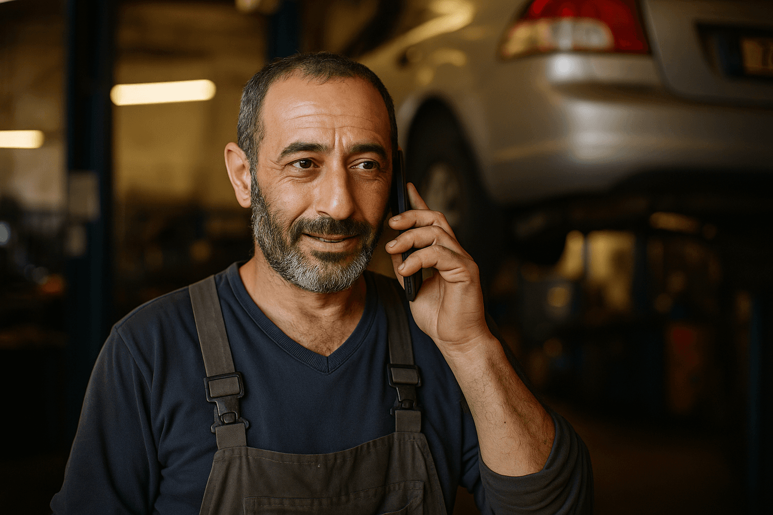 בעל מוסך עונה לשיחת טלפון ליד רכב מורם על ליפט